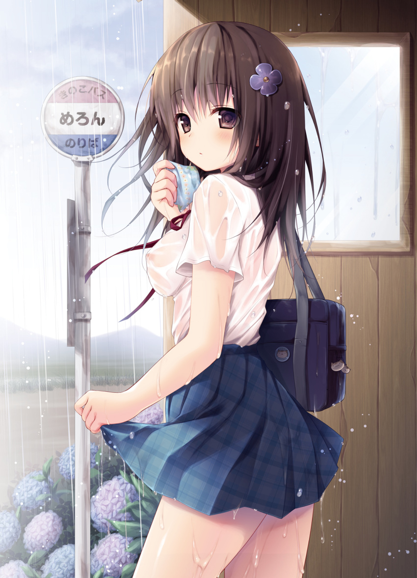 1girl :o breasts brown_eyes brown_hair cute flower hair_flower hair_ornament hot long_hair miniskirt nipples outdoors outside rain raining school_uniform schoolgirl see-through see_through sexy skirt wet