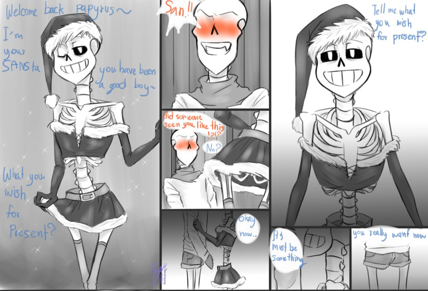 2010s 2017 2boys 2d 2d_(artwork) animated_skeleton artist_name blush bottom_sans bottomless_skirt brother brother/brother brothers christmas christmas_hat christmas_outfit clothed clothing comic comic_page comic_panel crossdressing digital_media_(artwork) duo english_text fontcest hat holidays imminent_incest imminent_sex imminent_yaoi incest legwear male male/male male_only merry_christmas midriff monochrome monster monster_boy papyrus papyrus_(undertale) papysans partially_colored red_blush sans sans_(undertale) santa_costume santa_hat scarf seme_papyrus sequence sequential short_skirt siblings skeleton skirt stockings talking text thornisicezins top_papyrus topwear tumblr_username uke_sans undead undertale undertale_(series) video_games wink yaoi