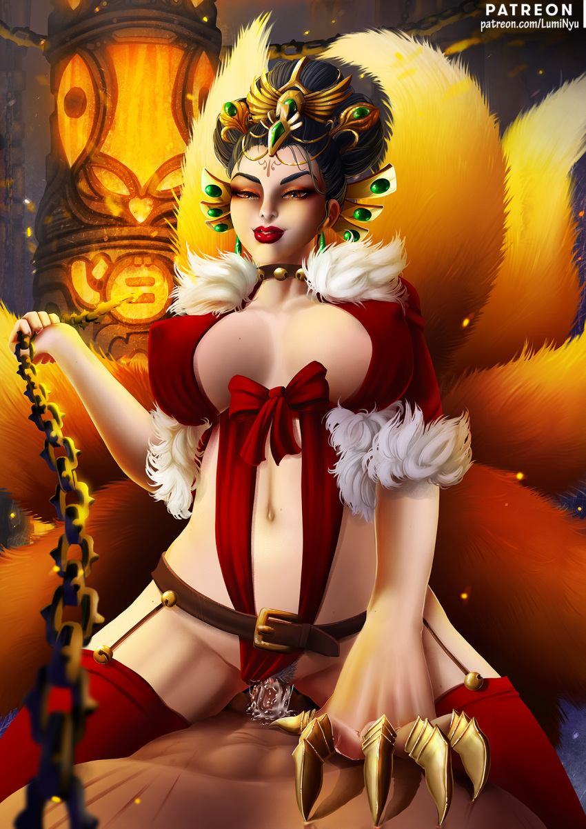 1boy 1girl 2017 bells big_breasts black_hair breasts chains christmas clitoris clothing cowgirl_position cum cum_in_pussy cum_inside da_ji daji ejaculation fox_girl fox_tail fur gold grin hair_ornament jewelry lipstick long_hair luminyu makeup multiple_tails orange_eyes patreon penis pubic_hair pussy red_lipstick red_ribbon ribbon smite stockings tails tattoo vaginal_penetration