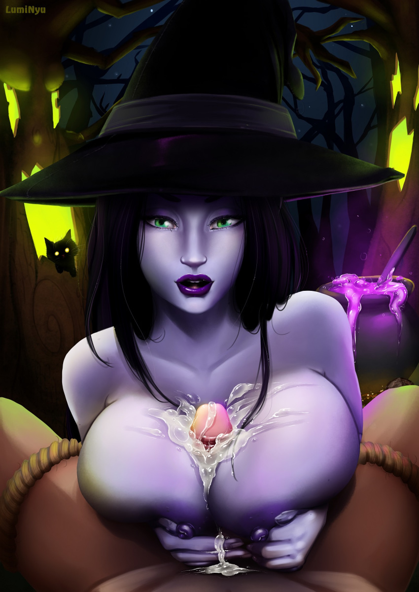 1girl alternate_costume aphrodite aphrodite_(smite) areola background big_breasts black_hair blue_skin breasts cum cum_on_breasts deity erection goddess green_eyes hair hat lipstick long_hair looking_at_viewer luminyu male nipples open_mouth paizuri penis pov purple_lipstick purple_skin rope smite straight witch