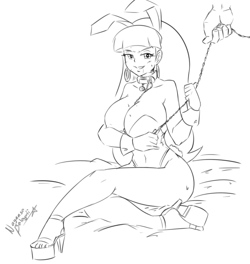 big_breasts bunny_ears bunny_tail bunnysuit collar gravity_falls high_heels leash looking_at_viewer monochrome pacifica_northwest wrist_cuffs zapotecdarkstar zapotecdarkstar_(artist)