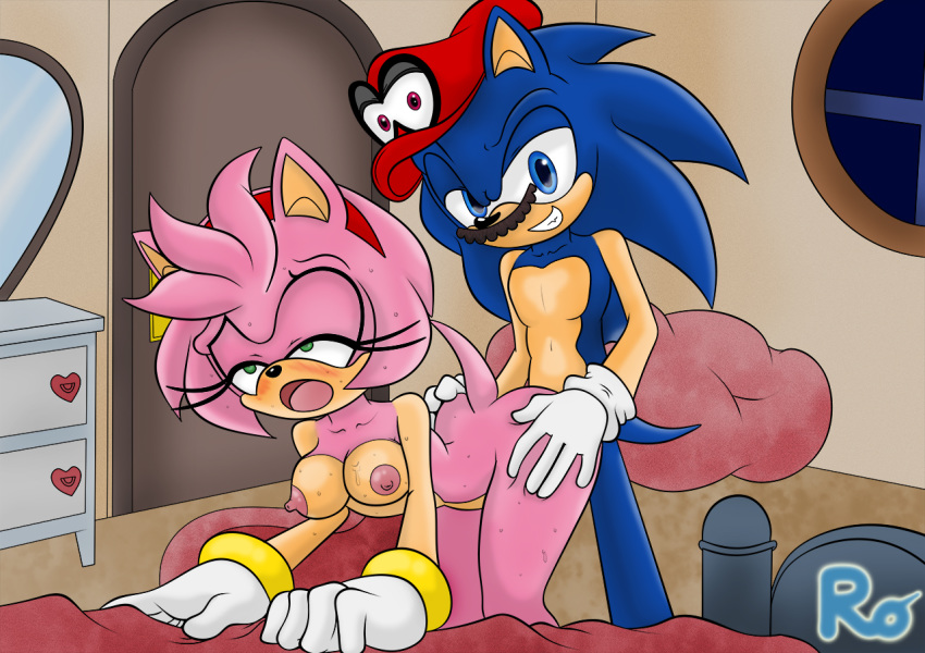 1boy 1girl ahegao amy_rose areola bed bedroom blue_eyes bracelet breasts cappy cosplay crossover doggy_position drawer erect_nipples eyelashes gloves green_eyes grin hairband hedgehog male/female mario mario_(series) mirror moustache nude possession quills raianonzika_(artist) red_eyes sega sonamy sonic_the_hedgehog super_mario_odyssey window