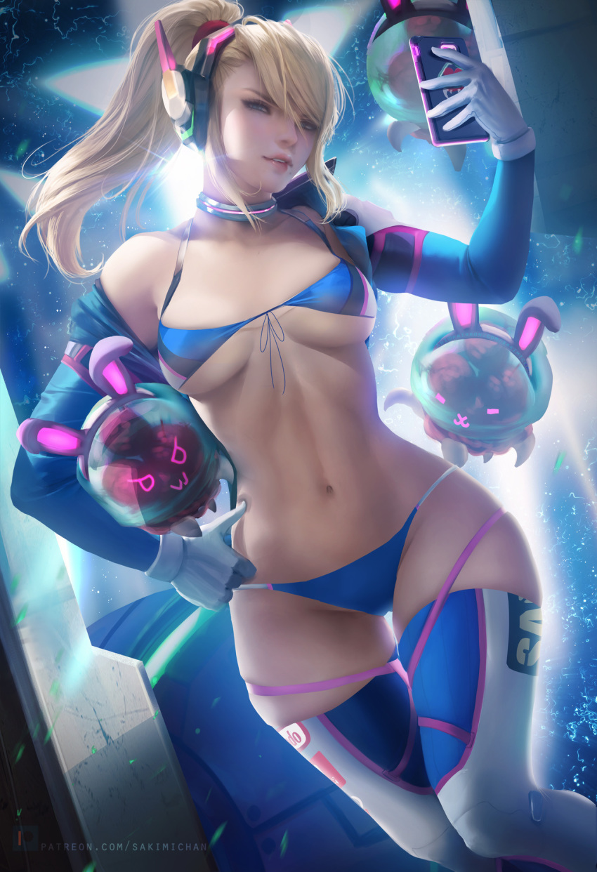 bikini_bottom bikini_top cellphone cosplay d.va d.va_(overwatch) metroid metroid_(creature) overwatch sakimichan samus_aran