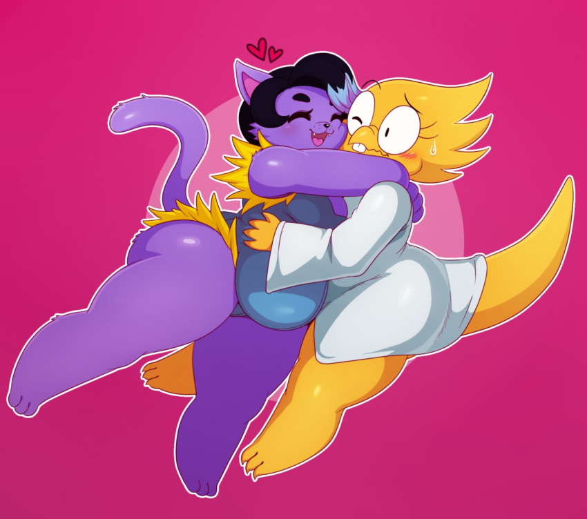 2_girls 2d 2d_(artwork) 2girls 3_toes 4_fingers alphys anthro anthro_only ass barefoot big_ass big_breasts black_hair blue_hair blush cat cat_girl cat_tail catty_(undertale) chubby chubby_anthro chubby_female closed_eyes clothed clothed_anthro clothed_female clothing coat cute digital_media_(artwork) dinosaur dinosaur_girl domestic_cat duo embrace eyewear fangs feet felid feline felis female/female female_anthro female_only fingers fur glasses grin hair heart hugging lab_coat lizard lizard_girl magenta_background mammal monster monster_girl multicolored_hair open_mouth pink_background purple_body purple_fur purple_hair reptile reptile_girl reptile_tail scales scalie scalie_female simple_background slightly_chubby smile solid_color_background sssonic2 sweat sweatdrop tail teeth third-party_source toes tongue topwear two-tone_background two_tone_hair undertale undertale_(series) video_game_character video_games white_outline wholesome yellow_body yellow_scales yellow_skin