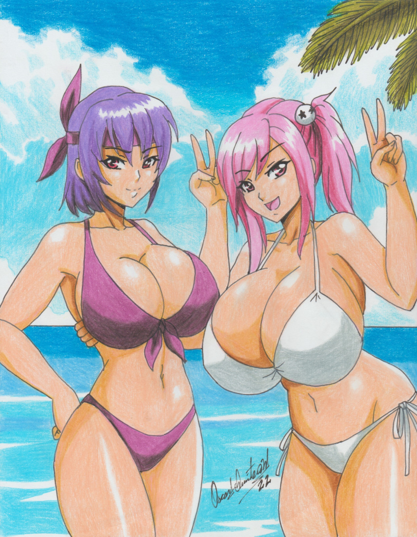 2022 2_girls 2girls absurd_res alluring ayane ayane_(doa) beach big_breasts bikini breasts cleavage commission dead_or_alive dead_or_alive_2 dead_or_alive_3 dead_or_alive_4 dead_or_alive_5 dead_or_alive_6 dead_or_alive_xtreme dead_or_alive_xtreme_2 dead_or_alive_xtreme_3_fortune dead_or_alive_xtreme_beach_volleyball dead_or_alive_xtreme_venus_vacation female_only hand_on_another's_back headband high_res honoka_(doa) multiple_girls navel ocean open_mouth outside palm_tree pink_eyes purple_bikini purple_hair ravern_clouk ravernclouk_design red_eyes swimsuit tecmo traditional_media tree v white_bikini