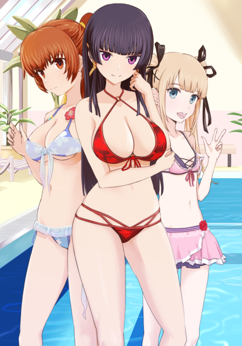 3_girls alice_gear_aegis alluring big_breasts bikini black_hair blonde_hair breasts cleavage dead_or_alive dead_or_alive_2 dead_or_alive_3 dead_or_alive_4 dead_or_alive_5 dead_or_alive_6 dead_or_alive_xtreme dead_or_alive_xtreme_2 dead_or_alive_xtreme_3_fortune dead_or_alive_xtreme_beach_volleyball dead_or_alive_xtreme_venus_vacation high_res kasumi kasumi_(doa) long_hair marie_rose multiple_girls nyotengu ponytail pool purple_eyes small_breasts swimming_pool swimsuit tecmo twin_tails water