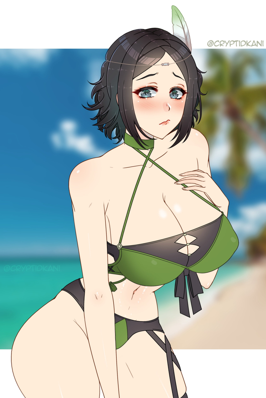 1girl 1girl alluring alternate_costume ass bare_midriff bare_shoulders bare_thighs beach big_breasts black_hair blush cleavage collarbone covered_nipples cryptid_crab feathers fire_emblem fire_emblem_awakening fire_emblem_heroes frown green_bikini green_swimsuit grey_eyes hair_ornament hand_on_own_chest medium_hair nintendo nipple_bulge noire_(fire_emblem) noire_(summer)_(fire_emblem) ocean palm_tree seaside thick_thighs tree wide_hips