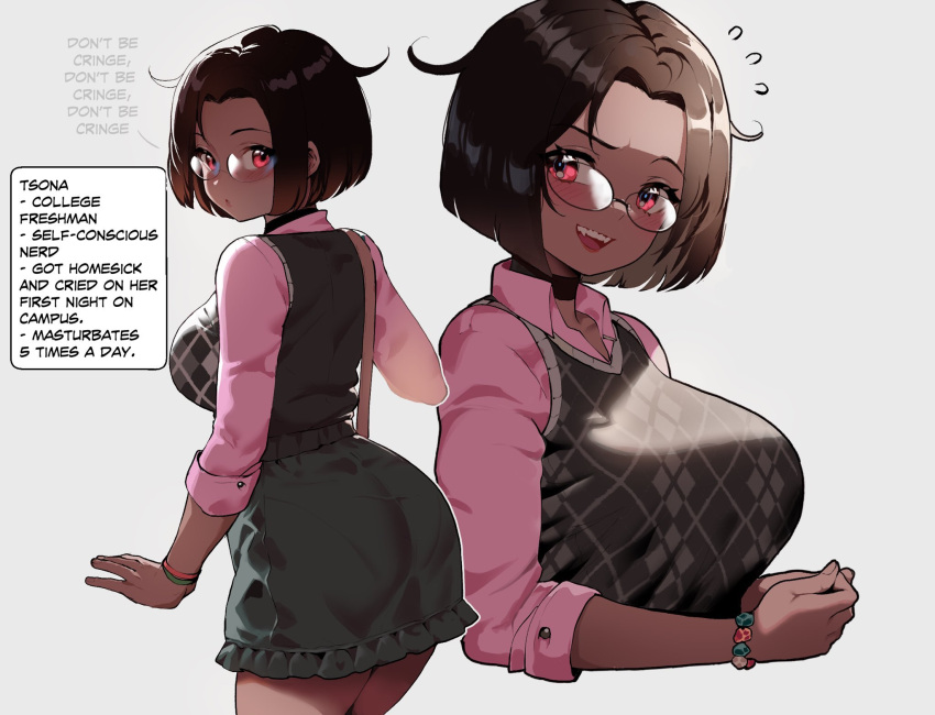 1girl ass big_breasts blush brown_hair character_sheet clothing dark-skinned_female dark_skin dialogue english_text female_only glasses grey_background high_res looking_at_viewer medium_hair original original_character red_eyes speech_bubble talking_to_viewer text_box thiccwithaq tsona_(nyantcha)