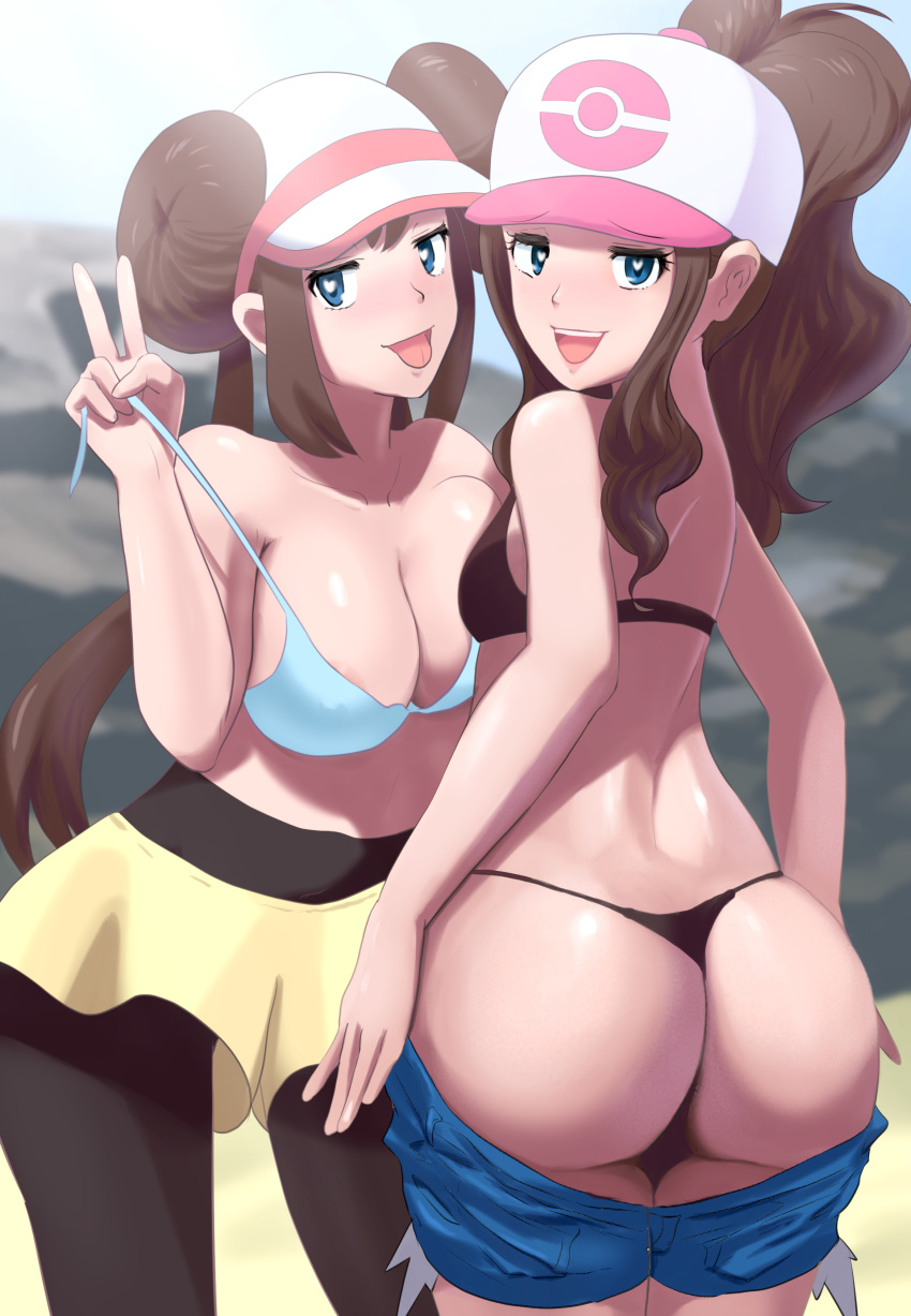 1girl 2_girls :d :p ass asymmetrical_docking back bare_back bareback baseball_cap beach black_bra black_legwear black_panties blue_bra blue_eyes blue_sky blush bra breast-to-breast breast_press breasts brown_hair clothed_female dat_ass day denim denim_shorts dimples_of_venus functionally_nude half-closed_eyes hat heart heart-shaped_pupils high_resolution hilda hilda_(pokemon) hips kurorekishiman looking_at_viewer looking_back low_twintails mei_(pokemon) multiple_girls naughty_face nintendo nipples no_bra nopan open_mouth outside panties pants pantyhose pokemon pokemon_(game) pokemon_black_&_white pokemon_black_2_&_white_2 pokemon_bw pokemon_character ponytail protagonist_(pokemon) pubic_hair pussy rosa rosa_(pokemon) shorts shorts_pull sideboob skirt sky small_breasts smile symbol-shaped_pupils take_your_pick tied_hair tongue topless touko_(pokemon) twin_tails uncensored underwear undressing v very_high_resolution visor_cap