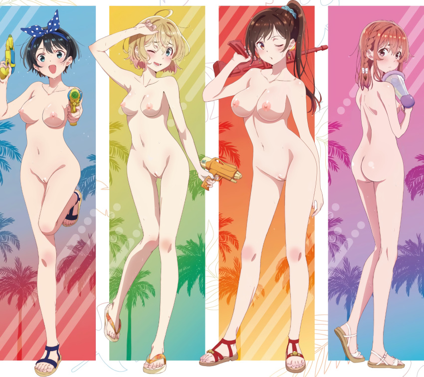 1girl 4girls areola ass big_breasts breasts cleavage clothing completely_nude completely_nude_female feet female_butt_nudity female_full_frontal_nudity female_nudity footwear high_resolution kanojo_okarishimasu large_filesize legs medium_breasts mizuhara_chizuru multiple_girls nanami_mami navel nipples nude nude_female nude_filter pussy sakurasawa_sumi sandals sarashina_ruka standing thighs third-party_edit water_gun wet