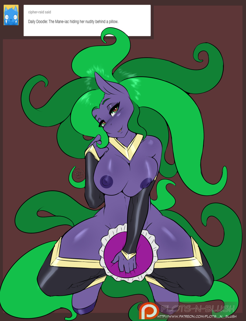 1girl 1girl 2015 anthro anthrofied areola armwear ask_blog avante92 bedroom_eyes big_breasts blush border breasts brown_background clothing colored covering covering_crotch crouching earth_pony equine friendship_is_magic furry green_eyes green_hair hair half-closed_eyes high_res hooves horse legwear long_hair looking_at_viewer mammal mane-iac_(mlp) my_little_pony nipples patreon pillow pony red_eyes seductive simple_background smile spread_legs spreading tumblr