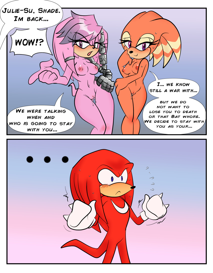 1girl anthro black_nose blush echidna eyelashes half-closed_eyes julie-su knuckles_the_echidna male orange_body orange_hair pink_body pink_hair pussy red_body red_hair shade_the_echidna sonic_the_hedgehog_(series) spikes wet_pussy zeromegas