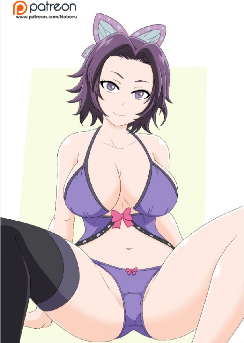 1girl alluring big_breasts butterfly_hair_ornament cleavage demon_slayer female_only hot kimetsu_no_yaiba kochou_shinobu lingerie looking_at_viewer noboru one_sock panties purple_eyes purple_hair purple_underwear sexy spread_legs stockings underwear voluptuous