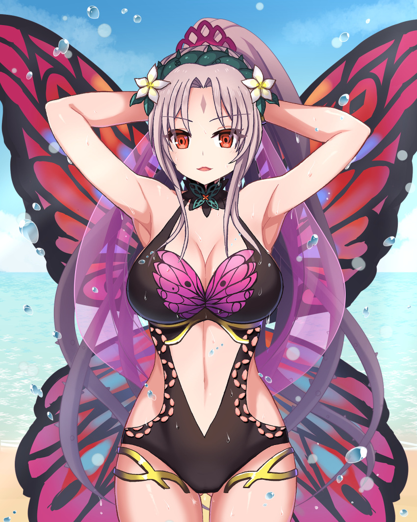 1girl 1girl 1girls alluring alternate_costume arms_behind_head ass_visible_through_thighs bare_midriff bare_thighs beach big_breasts bikini black_swimsuit cleavage day fairy fairy_wings female_only fire_emblem fire_emblem_heroes grey_hair intelligent_systems long_hair looking_at_viewer midriff multicolored_hair nintendo ocean official_alternate_costume one-piece_bikini open_mouth outside plumeria_(fire_emblem) ponytail pose purple_hair red_eyes shira_yu_ki swimsuit thighs very_long_hair wings