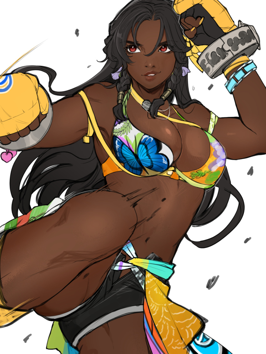 1girl alluring big_breasts black_hair black_shorts boxing_gloves bra clothes_around_waist dark-skinned_female dark_skin fighting_stance high_res kicking knee_up kyou_(iuciferic) long_hair miary_zo motion_lines namco red_eyes shorts tekken tekken_8 thick_thighs thighs underwear video_game white_background