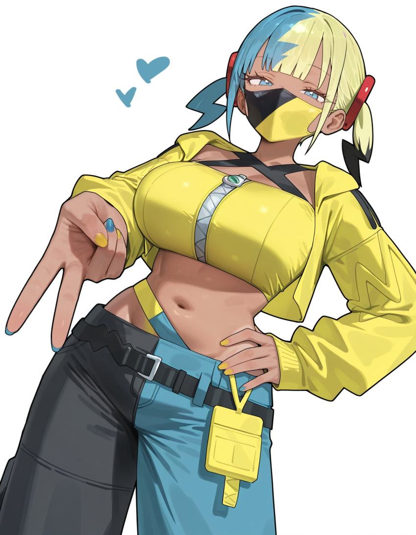 1girl ai_generated blue_eyes canari_(pokemon) canary_(pokemon) dark-skinned_female dark_skin face_mask game_freak hand_on_hip heart hips looking_at_viewer mask multicolored_hair navel nintendo peace_sign pokemon pokemon_legends:_z-a v white_background wide_hips xeno4994