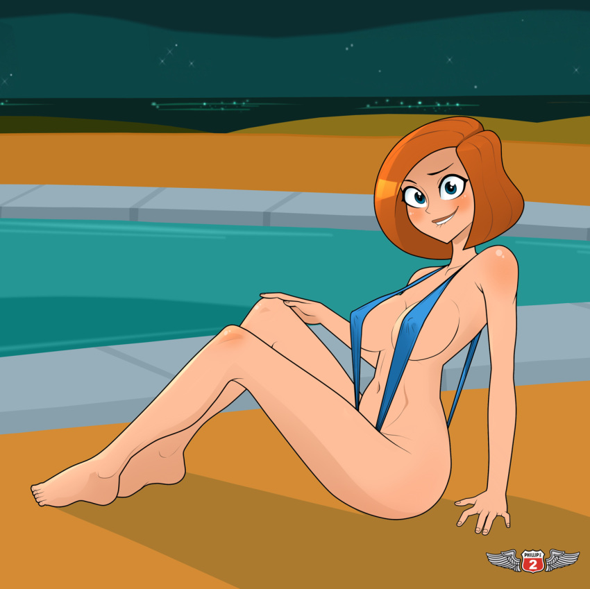 1girl alternate_costume ann_possible arm_support bangs bare_arms bare_legs bare_shoulders barefoot beach big_breasts bikini biting_lip blue_bikini blue_eyes blue_swimsuit blush breasts cleavage collarbone disney feet female_only female_solo full_body grin kim_possible knees_up legs lips looking_at_viewer milf mound_of_venus naughty_face navel neck night night_sky ocean orange_hair outside parted_lips phillipthe2 pool rodjim sand shadow short_hair sideboob sitting sky sling_bikini smile star starry_sky swept_bangs swimsuit thighs