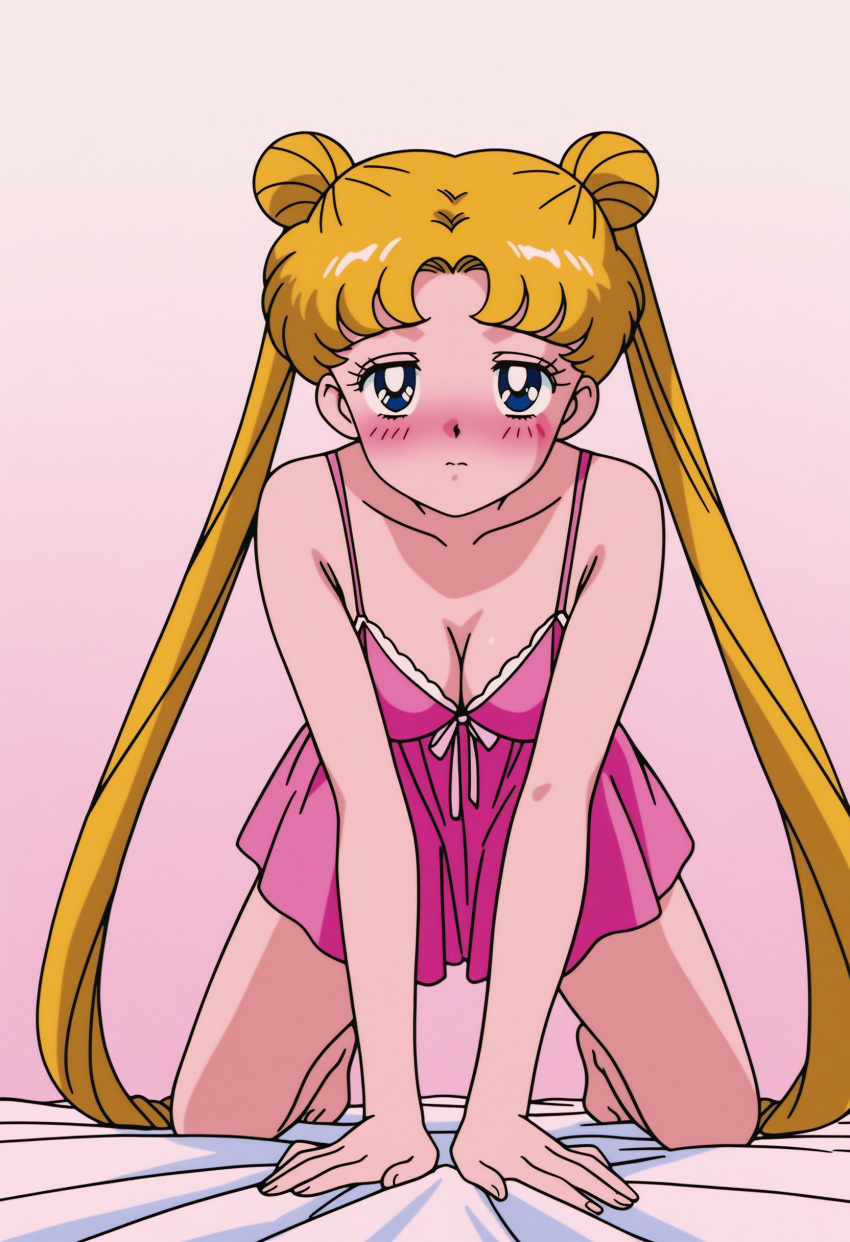 1girl accurate_art_style adult_swim alluring bishoujo_senshi_sailor_moon bishoujo_senshi_sailor_moon_r bishoujo_senshi_sailor_moon_r_the_movie bishoujo_senshi_sailor_moon_s bishoujo_senshi_sailor_moon_s_the_movie bishoujo_senshi_sailor_moon_supers bishoujo_senshi_sailor_moon_supers_the_movie blonde_hair blue_eyes cleavage legs_up medium_breasts nightgown on_bed panties pin_up soutsa toei_animation toonami usagi_tsukino viz_media