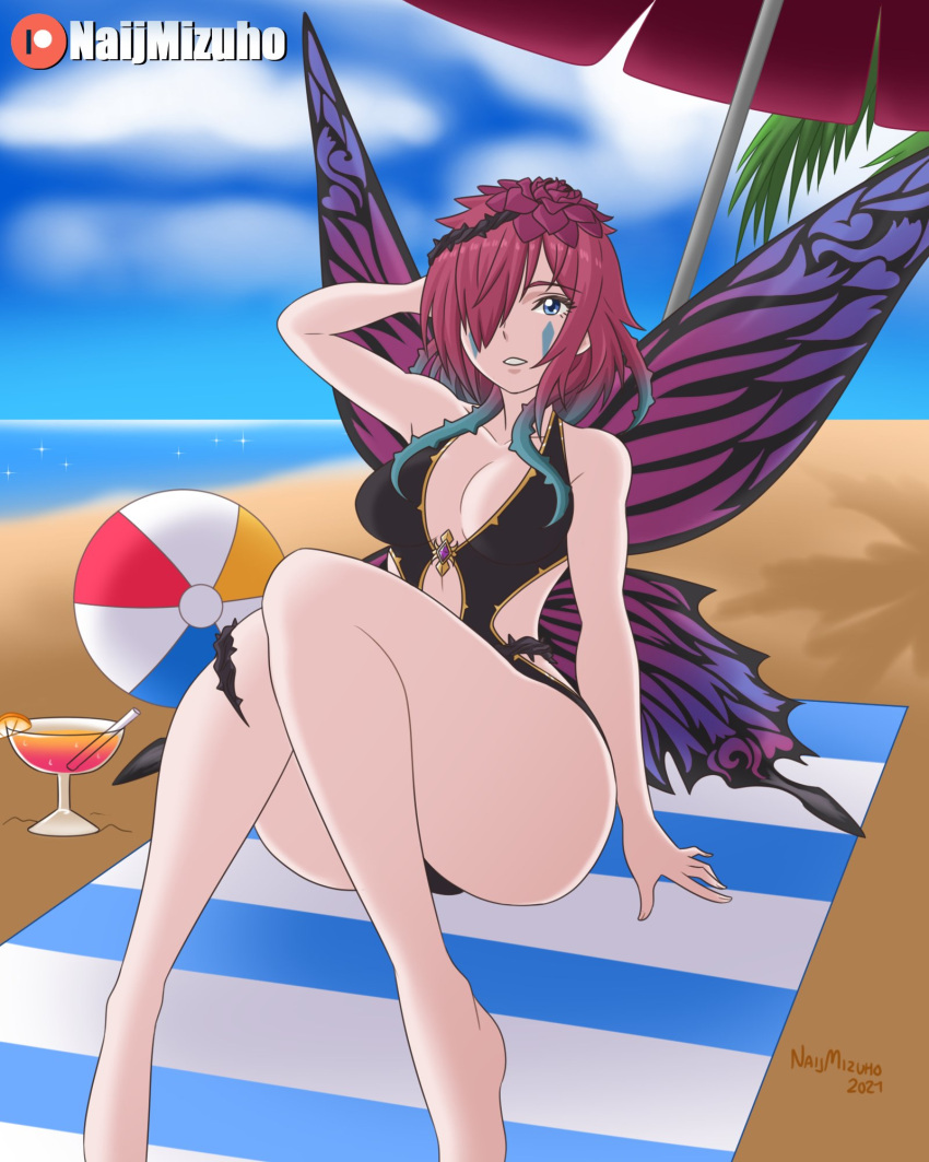 1girl 1girl 1girl adjusting_hair alluring alternate_costume arm_behind_head ass bare_legs beach beach_ball big_breasts black_bikini blue_eyes breasts cleavage fairy fairy_wings fire_emblem fire_emblem_heroes hair_over_one_eye intelligent_systems large_ass medium_hair naijmizuho nintendo ocean one-piece_bikini parasol pointy_ears purple_hair sand seaside swimsuit thick_thighs triandra_(fire_emblem) umbrella violet_hair