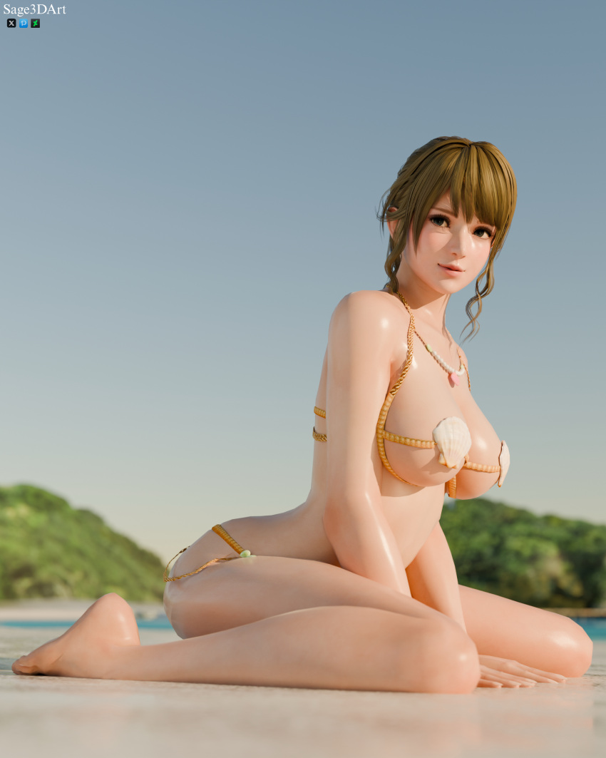 1girl alluring beach bikini blue_sky brown_hair dead_or_alive dead_or_alive_xtreme_venus_vacation monica_(doa) ocean pin_up sage3d tecmo