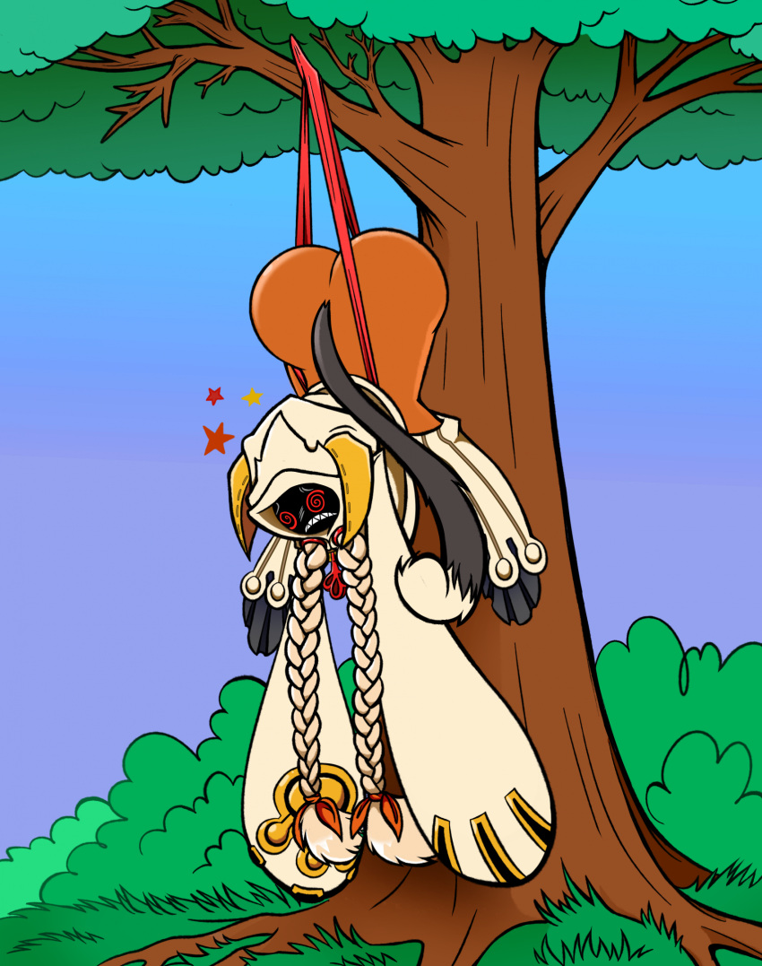 1girl 1girls atomic_wedgie blazblue dark-skinned_female dark_skin fecharis kaka_(blazblue) loverk90 spiral_eyes taokaka tree wedgie wedgie_fetish wedgied_female