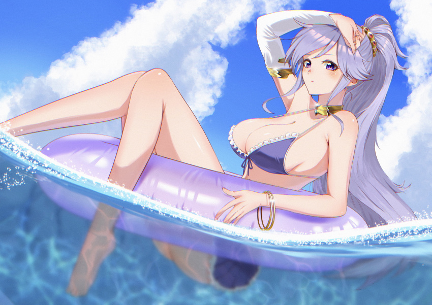 1girl 1girl absurd_res alluring barefoot big_breasts bikini blue_sky bracelet choker closed_mouth cloud day detached_sleeves fire_emblem fire_emblem:_genealogy_of_the_holy_war hair_ornament high_res intelligent_systems ishtar_(fire_emblem) jewelry legs long_hair looking_at_viewer nintendo ocean outside partially_submerged partially_underwater_shot ponytail purple_bikini purple_eyes purple_hair shooot108 single_detached_sleeve sky swimsuit underwater yellow_choker
