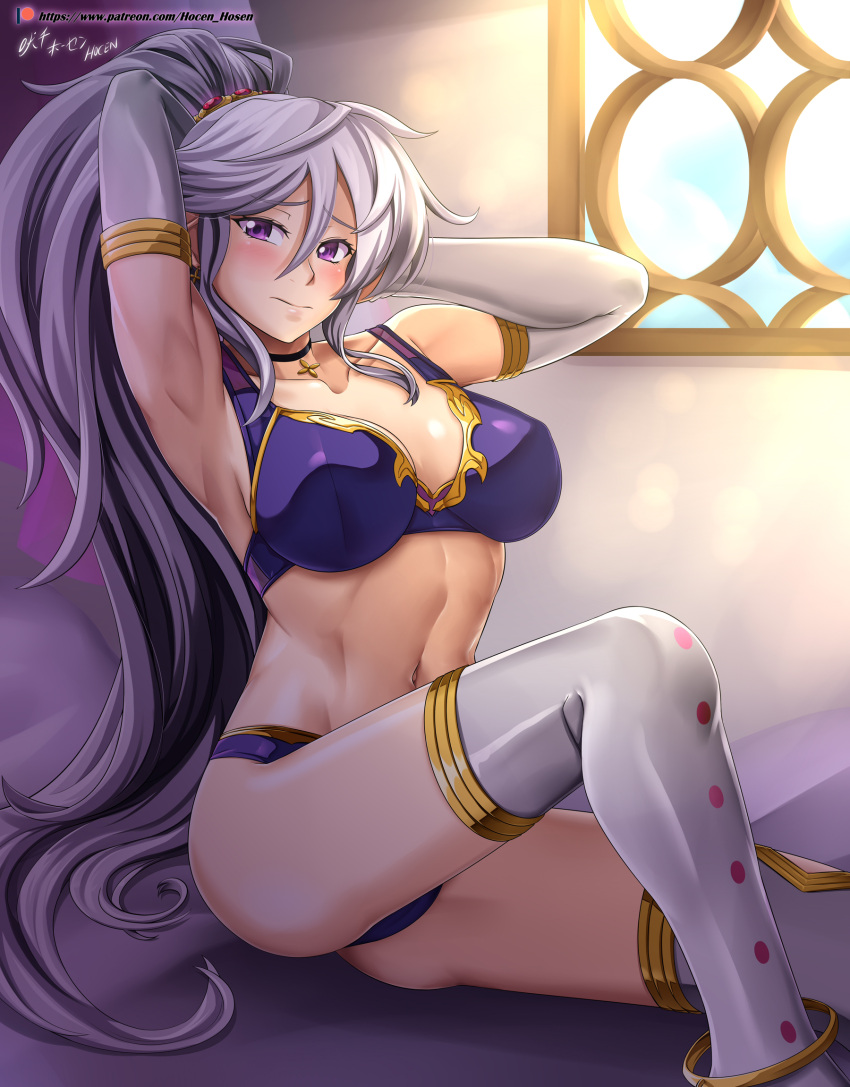 1girl 1girl abs adapted_costume adjusting_hair alluring anklet artist_name athletic_female blush bra choker cleavage collarbone day earrings elbow_gloves female_abs female_focus fire_emblem fire_emblem:_genealogy_of_the_holy_war fit_female gloves gold_trim hair_between_eyes hand_in_own_hair high_res hocen indoors intelligent_systems ishtar_(fire_emblem) jewelry long_hair looking_at_viewer medium_breasts midriff navel nintendo panties patreon_username ponytail purple_bra purple_eyes purple_panties signature silver_hair sitting stockings sunlight thighs underwear vilde_loh_hocen watermark web_address white_gloves white_thighhighs window