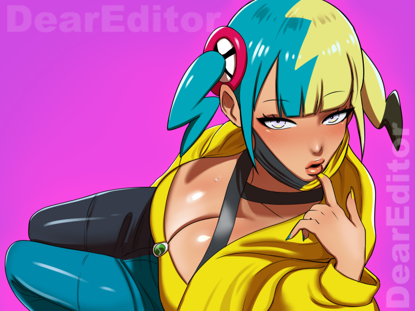 1girl 1girls alternate_breast_size bandeau big_breasts blue_nails breasts canari_(pokemon) clothed clothing criss-cross_halter deareditor female_only first_porn_of_character game_freak gyaru halterneck kusogaki mask mask_only multicolored_clothing multicolored_hair multicolored_mask multicolored_pants nail_polish nintendo pokemon pokemon_legends:_z-a streamer tagme two-tone_hair two-tone_pants yellow_nails