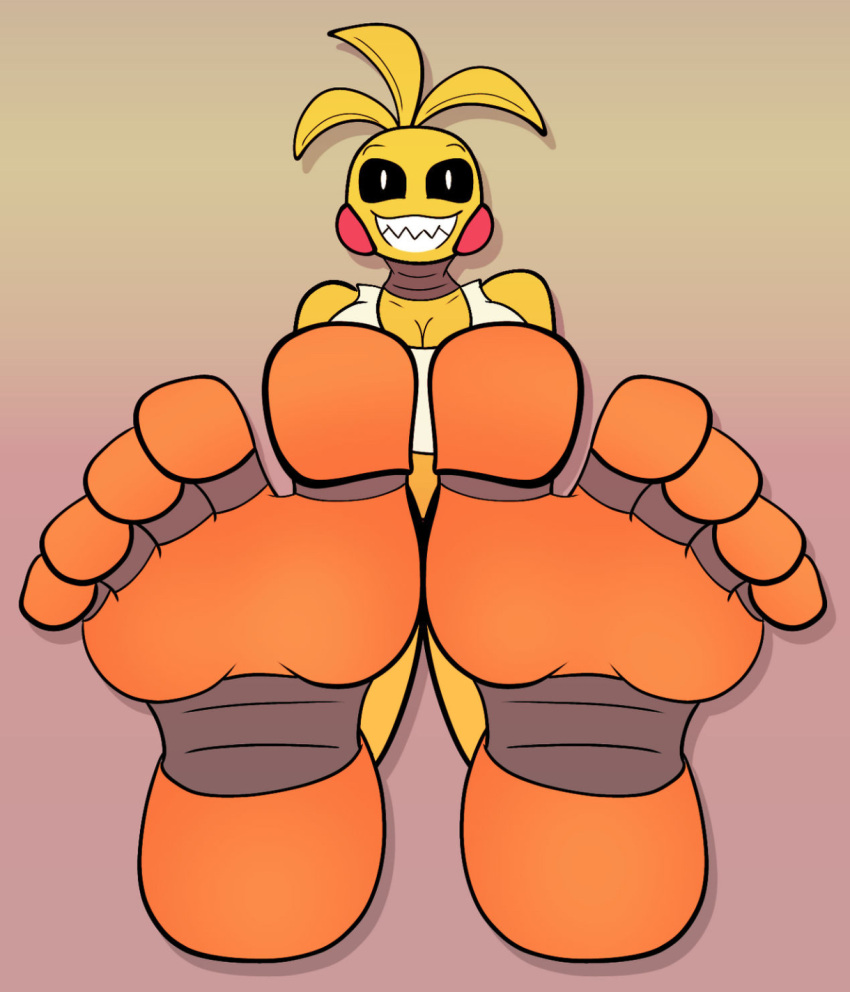 1girl 1girls animatronic bib boxcutter5 breasts chicken cleavage feet feet_up five_nights_at_freddy's five_nights_at_freddy's_2 foot_fetish foot_focus robot scottgames toy_chica_(fnaf)