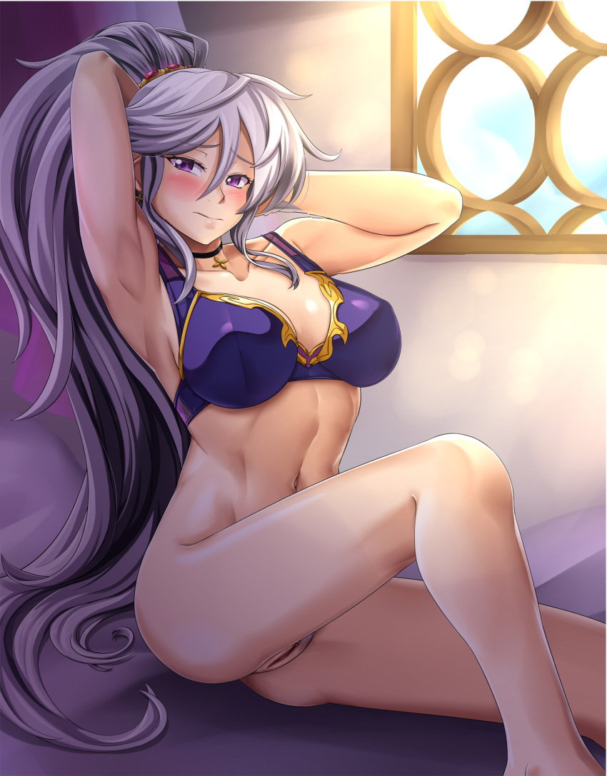 1girl abs adjusting_hair alluring artist_name athletic_female bare_legs blush bra bra_only choker cleavage collarbone day earrings female_abs female_focus fire_emblem fire_emblem:_genealogy_of_the_holy_war fit_female gloves gold_trim hair_between_eyes hand_in_own_hair high_res hocen indoors intelligent_systems ishtar_(fire_emblem) jewelry long_hair looking_at_viewer medium_breasts midriff naked_from_the_waist_down navel nintendo patreon_username ponytail purple_bra purple_eyes pussy signature silver_hair sitting sunlight thighs underwear vilde_loh_hocen watermark web_address window