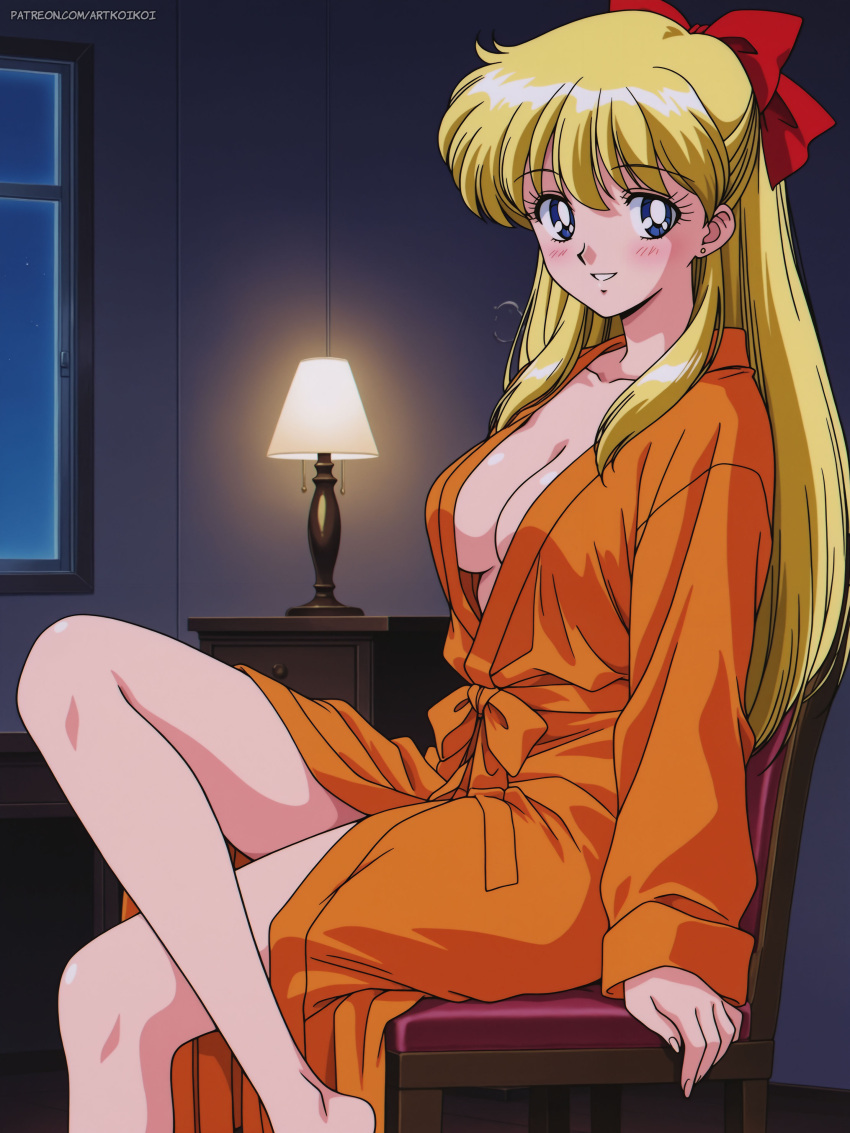 1girl 1girl accurate_art_style adult_swim alluring bare_legs barefoot bathrobe bathrobe_only big_breasts bishoujo_senshi_sailor_moon bishoujo_senshi_sailor_moon_r bishoujo_senshi_sailor_moon_r_the_movie bishoujo_senshi_sailor_moon_s bishoujo_senshi_sailor_moon_s_the_movie bishoujo_senshi_sailor_moon_supers bishoujo_senshi_sailor_moon_supers_the_movie blonde_hair blue_eyes koikoi_(artist) looking_at_viewer minako_aino toei_animation toonami viz_media