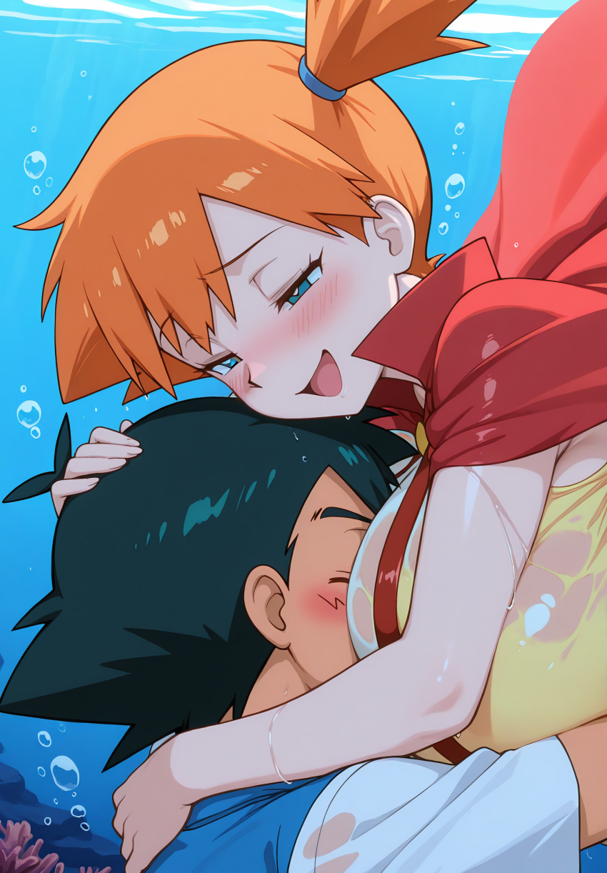 1boy 1girl ai_generated aioddity between_breasts black_hair blue_eyes blush breast_smother breasts cape female half-closed_eyes huge_breasts hugging kasumi_(pokemon) male nintendo open_mouth orange_hair pokemon pokemon_(anime) satoshi_(pokemon) shirt short_sleeves side_ponytail sleeveless smile suspenders underwater wet_clothes