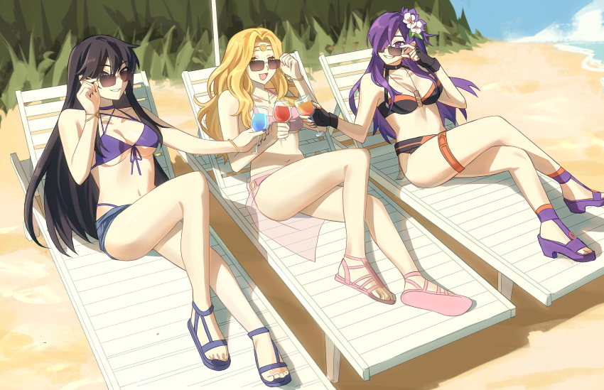 3_girls :d absurd_res alluring alternate_costume ayra_(fire_emblem) babykatafan bare_shoulders beach beach_chair bikini black_bikini black_choker black_hair blonde_hair blue_shorts blue_sky breasts choker cleavage crossed_legs cup edain_(fire_emblem) fire_emblem fire_emblem:_genealogy_of_the_holy_war fire_emblem:_three_houses fire_emblem_heroes fire_emblem_warriors:_three_hopes flower front-tie_bikini_top front-tie_top grass hair_flower hair_ornament hair_over_one_eye hibiscus high_res holding holding_cup intelligent_systems long_hair looking_at_viewer medium_breasts multiple_girls navel nintendo official_alternate_costume open_mouth outside pink_bikini pink_sandals purple_bikini purple_eyes purple_hair purple_sandals sand sandals second-party_source shez_(fire_emblem) shez_(fire_emblem)_(female) shez_(summer)_(fire_emblem) short_shorts shorts sitting sky smile stomach sunglasses swimsuit thigh_strap thighs toasting_(gesture) toes tongue under_boob white_flower