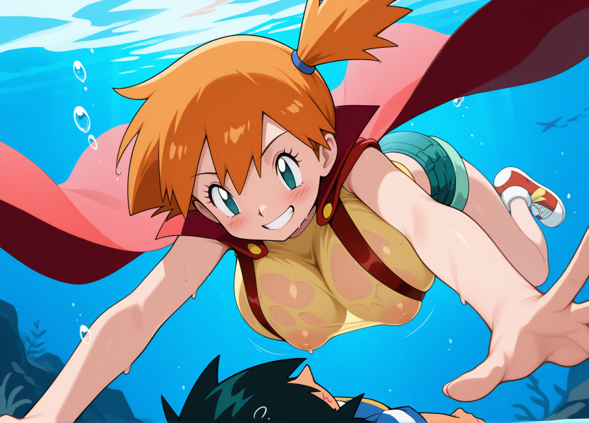 1boy 1girl ai_generated aioddity black_hair blue_eyes blush breasts cape covered_nipples female full_body grin huge_breasts kasumi_(pokemon) male nintendo orange_hair outstretched_arms pokemon pokemon_(anime) satoshi_(pokemon) shirt shoes shorts side_ponytail sleeveless smile suspenders underwater wet_clothes