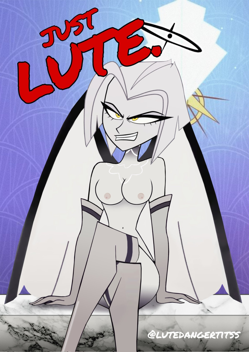 angel angel_girl angel_wings boots gloves grin hazbin_hotel lute_(hazbin_hotel) lutedangertitss short_hair smile topless vivienne_medrano vivziepop