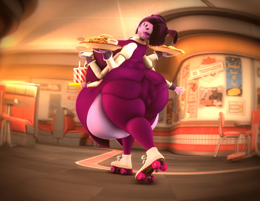 1980s_theme 1girl 1girl 2025 3d 4_fingers 6_arms absurd_res animal_humanoid anthro anus anus_outline arachnid arachnid_humanoid arthropod arthropod_humanoid ass back_fat belly belly_expansion belly_overhang big_anus big_ass big_ass big_belly black_eyes bottomwear clothing denim denim_bottomwear denim_clothing detailed_background digital_media_(artwork) expansion eyelashes eyewear fangs fast_food fingers food food_tray glasses high_res holding_food holding_object huge_anus huge_ass huge_ass huge_belly humanoid hyper hyper_anus hyper_belly jacket jeans looking_at_viewer looking_back lustful_zen muffet muffet_(underswap) multi_arm multi_limb one_eye_closed outie_anus pants puffy_anus purple_body purple_bottomwear purple_clothing purple_eyewear purple_glasses purple_jacket purple_jeans purple_pants purple_skin purple_topwear rear_view restaurant retro rolling shirt smile source_filmmaker_(artwork) spider_humanoid teeth thick_thighs tight_clothing topwear undertale undertale_(series) waiter waiter_suit white_clothing white_roller_skates white_shirt white_topwear wide_hips wink winking_at_viewer