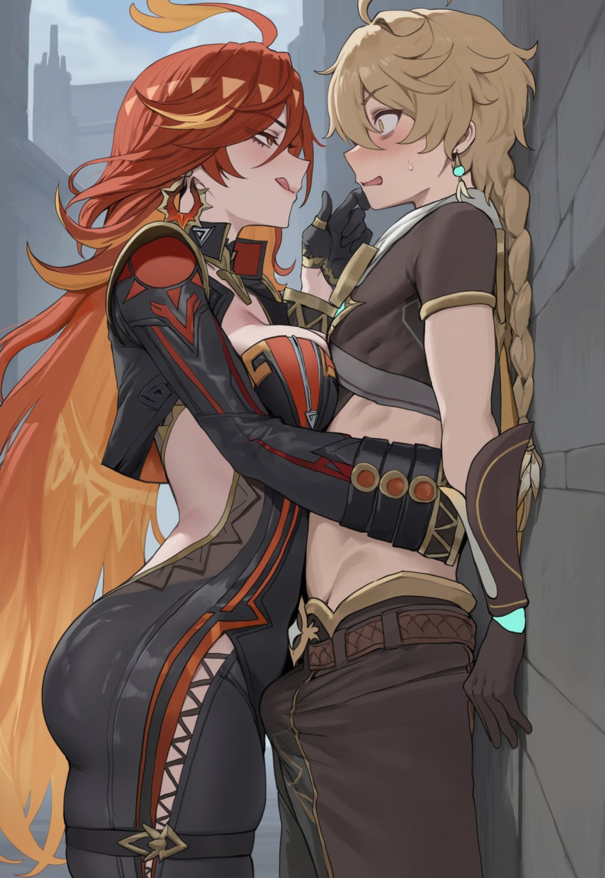 1boy 1girl aether_(genshin_impact) against_wall ahoge ai_assisted ai_generated ass biker_clothes blonde_hair blush bodysuit breasts breasts_pressed_against_partner bulge bulge_through_clothing bulge_under_clothes chin_grab dominant_female earrings fat_ass femdom genshin_impact gloves half-closed_eyes huge_ass huge_breasts imminent_sex inviting inviting_to_sex jacket licking_lips long_hair long_sleeves looking_at_another male mavuika_(genshin_impact) outside red_hair scared scared_expression skindentation small_pupils street sweat sweatdrop tease teasing thick thick_thighs thigh_strap tight_clothes tongue truck-kun_art