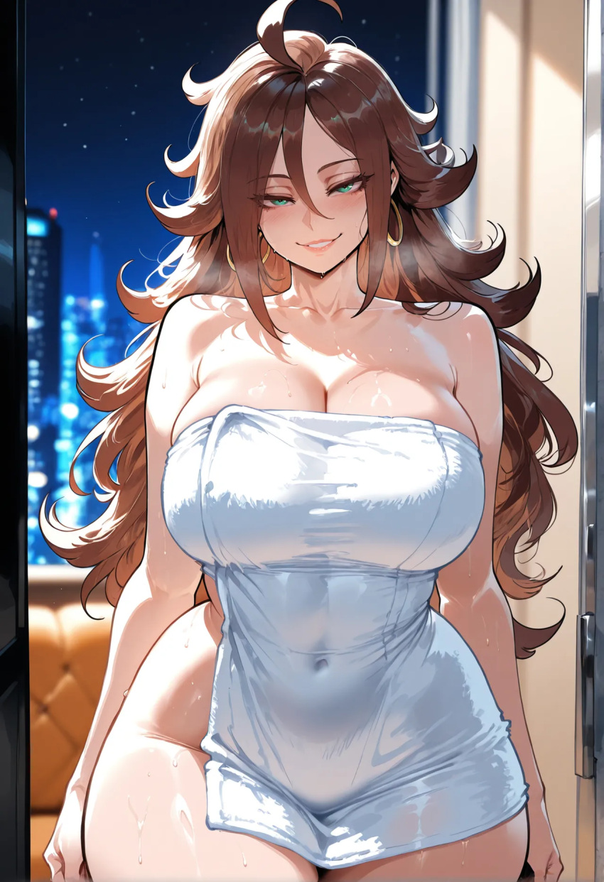 1girl android_21 brown_hair curvy curvy_female curvy_figure dragon_ball dragon_ball_super dragon_ball_z long_hair night nude towel