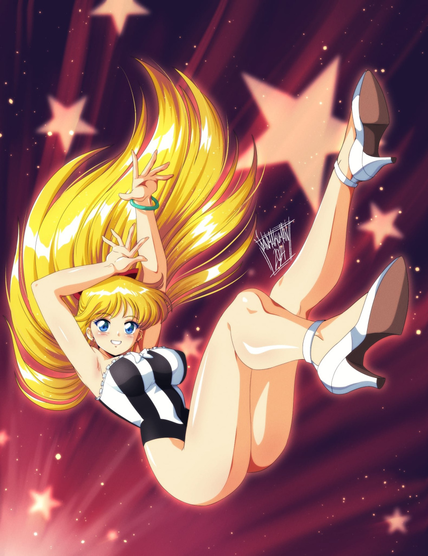 1girl adult_swim alluring arms_up artist_name ass bishoujo_senshi_sailor_moon bishoujo_senshi_sailor_moon_r bishoujo_senshi_sailor_moon_r_the_movie bishoujo_senshi_sailor_moon_s bishoujo_senshi_sailor_moon_s_the_movie bishoujo_senshi_sailor_moon_supers bishoujo_senshi_sailor_moon_supers_the_movie black_one-piece_bikini blonde_hair blue_eyes blush bracelet breasts covered_navel danmakuman full_body gloves gradient_background high_heels high_res jewelry long_hair looking_at_viewer medium_breasts minako_aino one-piece_bikini ribbon shiny_skin shoes signature simple_background skirt smile star_(symbol) striped_bikini swimsuit thighs toei_animation toonami two-tone_bikini upper_teeth_only vertical-striped_clothes viz_media white_one-piece_bikini white_shoes