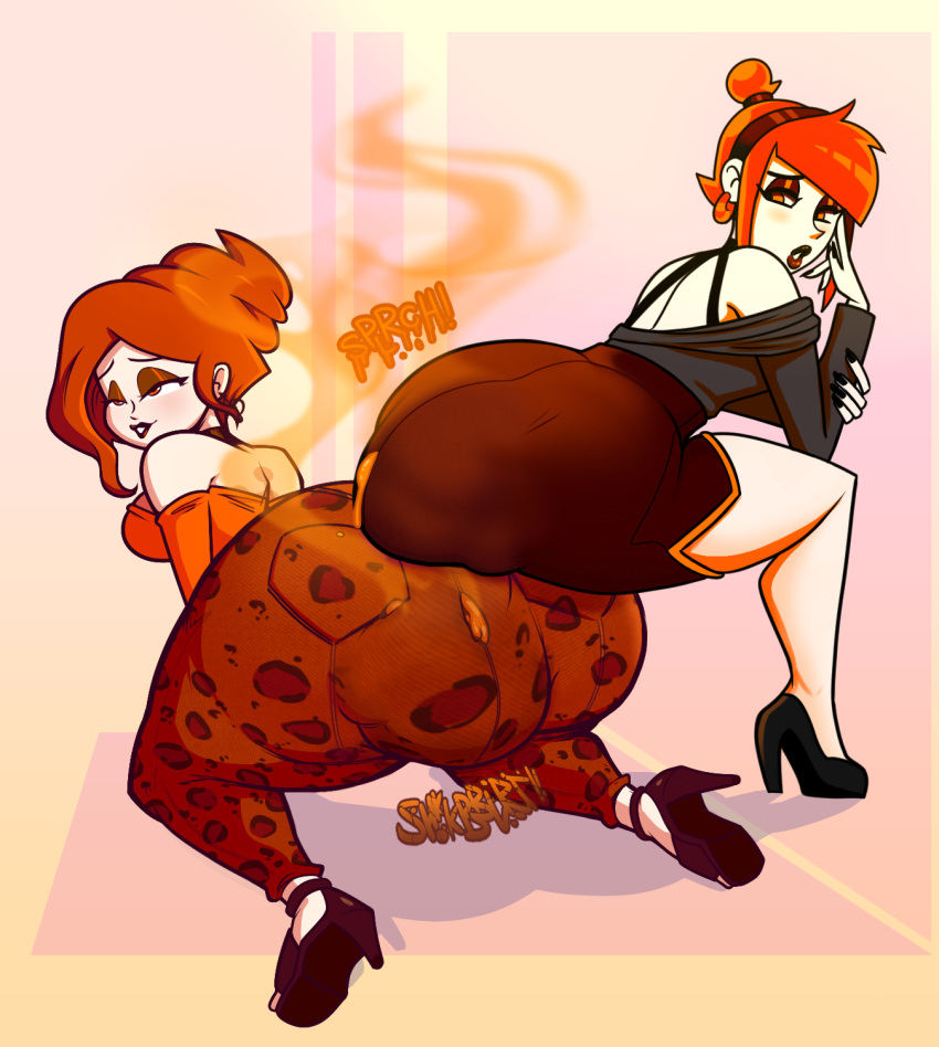 1girl 2_girls black_high_heels blush blush brandy_(rushgob) earrings fully_clothed gobrush high_heels messing multiple_girls panty_poop panty_pooping pepper_(lolotron6) pleasure_face pleasured red_hair rushgob scat shit shitting shitting_on_person shitting_self soiled_panties soiling soiling_clothing soiling_panties soiling_underwear squatting tiger_print yuri