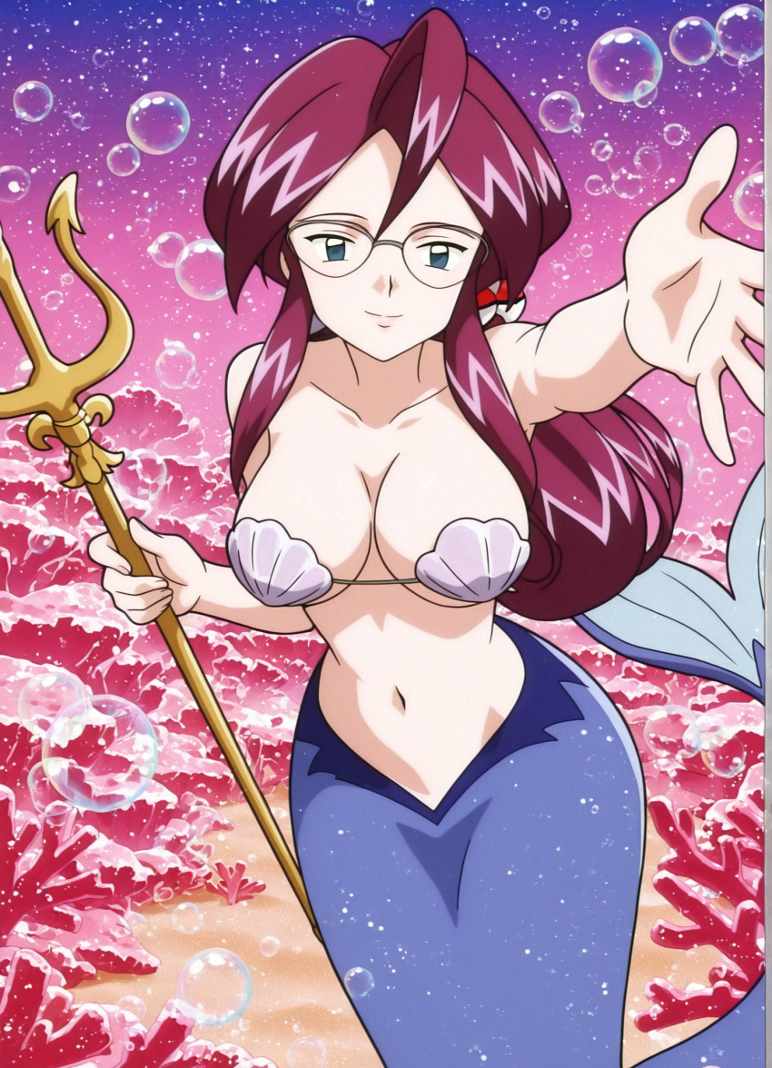 1girl accurate_art_style alluring big_breasts female holding_trident lorelei magenta_hair merfolk mermaid ocean pokemon pokemon_(anime) pokemon_frlg seashell_bikini seashell_bra solo teal_eyes trident underwater viz_media