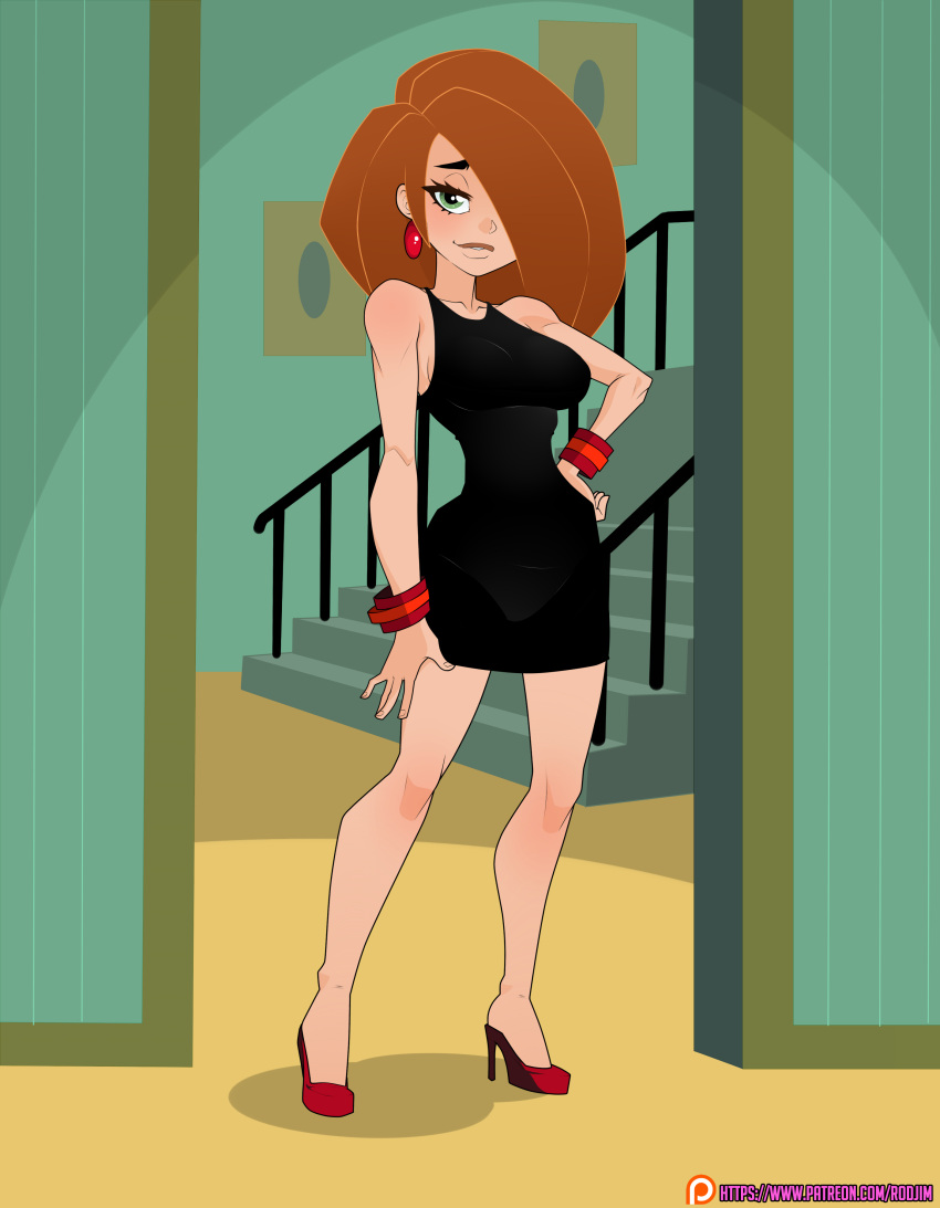 1girl alternate_costume arm_at_side bare_arms bare_legs bare_shoulders black_dress bracelet breasts brown_hair collarbone disney dress earrings female_only female_solo footwear full_body green_eyes grin hair_over_one_eye half-closed_eyes hand_on_hip heroine high_heels indoors jewelry kim_possible kimberly_ann_possible legs lips long_hair looking_at_viewer medium_breasts neck parted_lips red_bracelet red_earrings red_footwear red_high_heels rodjim shadow short_dress sleeveless sleeveless_dress smile stairs standing straight_hair teenage_girl thick_eyebrows thighs