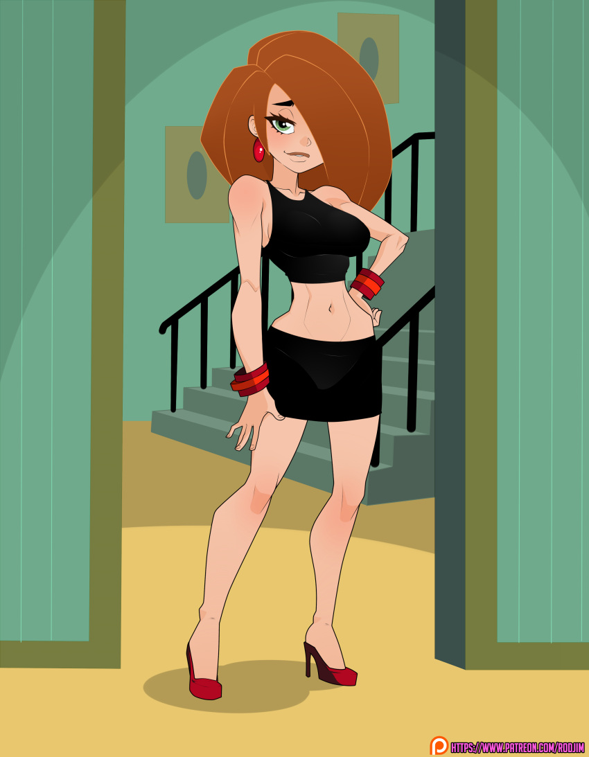 1girl alternate_costume arm_at_side bare_arms bare_legs bare_shoulders black_skirt black_tank_top bracelet breasts brown_hair collarbone disney earrings female_only female_solo footwear full_body green_eyes grin hair_over_one_eye half-closed_eyes hand_on_hip heroine high_heels indoors jewelry kim_possible kimberly_ann_possible legs lips long_hair looking_at_viewer medium_breasts midriff miniskirt navel neck parted_lips pencil_skirt red_bracelet red_earrings red_footwear red_high_heels rodjim shadow skirt smile stairs standing straight_hair tank_top teenage_girl thick_eyebrows thighs