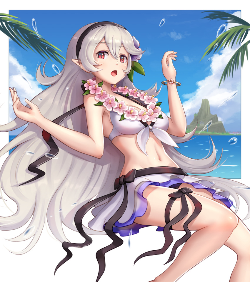1girl 1girl alluring bikini bikini_skirt black_hairband blue_sky bracelet cleavage cloud corrin_(fire_emblem)_(female) corrin_(summer)_(fire_emblem)_(female) day female_focus fingernails fire_emblem fire_emblem_fates fire_emblem_heroes fire_emblem_warriors flower flower_necklace front-tie_bikini_top front-tie_top gonzarez groin hair_between_eyes hair_flower hair_ornament hairband hands_up high_res intelligent_systems jewelry leaf lei long_hair looking_at_viewer medium_breasts navel necklace nintendo ocean official_alternate_costume open_mouth outside pointy_ears red_eyes silver_hair sitting sky swimsuit thigh_strap very_long_hair water
