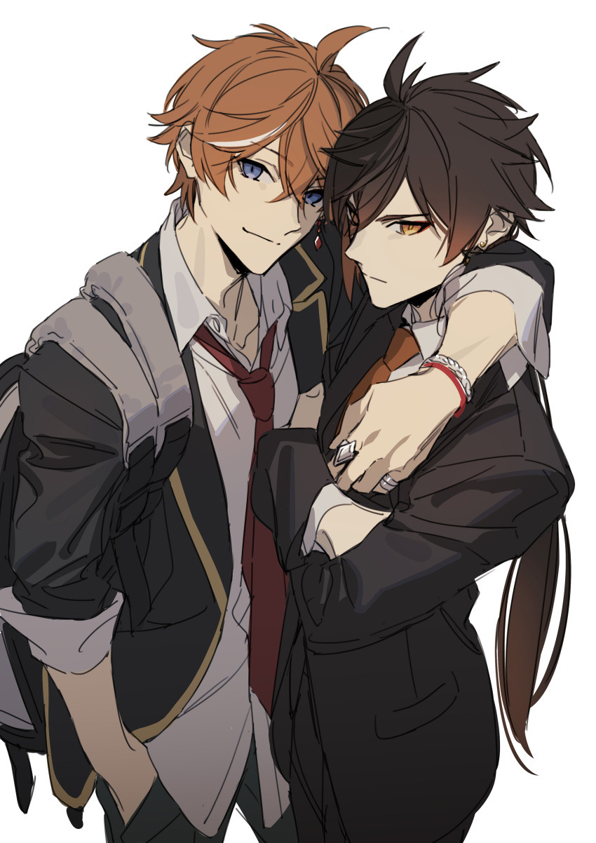 2boys ahoge arm_around_neck arm_at_side backpack bag black_hair black_jacket blue_eyes brown_hair clenched_hand closed_mouth collarbone couple crossed_arms duo earrings eyebrows_visible_through_hair genshin_impact gradient gradient_hair hair_between_eyes head_tilt hugging jacket jewelry long_hair looking_at_viewer love low_ponytail male/male male_only multicolored_hair multiple_boys neck neck_tie orange_eyes orange_hair ponytail romantic romantic_couple serious short_hair simple_background smile tartaglia_(genshin_impact) tied_hair two-tone_hair two_tone_hair white_background xia_(ryugo) yaoi zhongli_(genshin_impact)