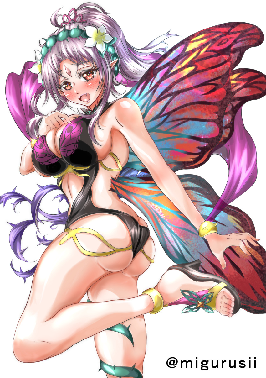 1girl 1girl 1girl alluring alternate_costume ass ass_crack back backless_outfit bare_back bare_legs bare_midriff big_ass big_breasts black_bikini black_one-piece_bikini butt_crack cleavage fairy fairy_wings female_only fire_emblem fire_emblem_heroes from_below grey_hair high_heels intelligent_systems leg_lift legs long_hair looking_at_viewer looking_down midriff multicolored_hair nintendo official_alternate_costume one-piece_bikini open_mouth plumeria_(fire_emblem) pointy_ears ponytail red_eyes sandals sideboob smile swimsuit veil very_long_hair violet_migu18 white_background wings