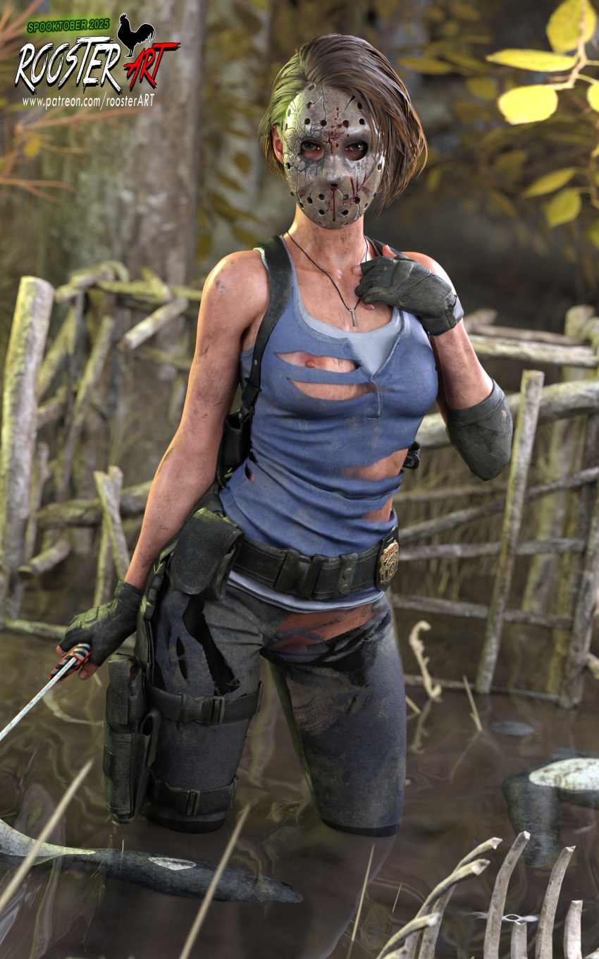 10:16 1girl 1girl 1girl 1girls 3d 3d_(artwork) 4k biohazard blue_shirt breasts breasts breasts dirty dirty_clothes dirty_skin elbow_pad erect_nipple female_focus fingerless_gloves friday_the_13th hockey_mask horror in_water jill_valentine jill_valentine_(sasha_zotova) looking_at_viewer medium_hair necklace nipple outside partially_submerged patreon patreon_username resident_evil roosterart solo_focus spooky torn_clothes torn_clothing video_game video_game_character video_game_franchise