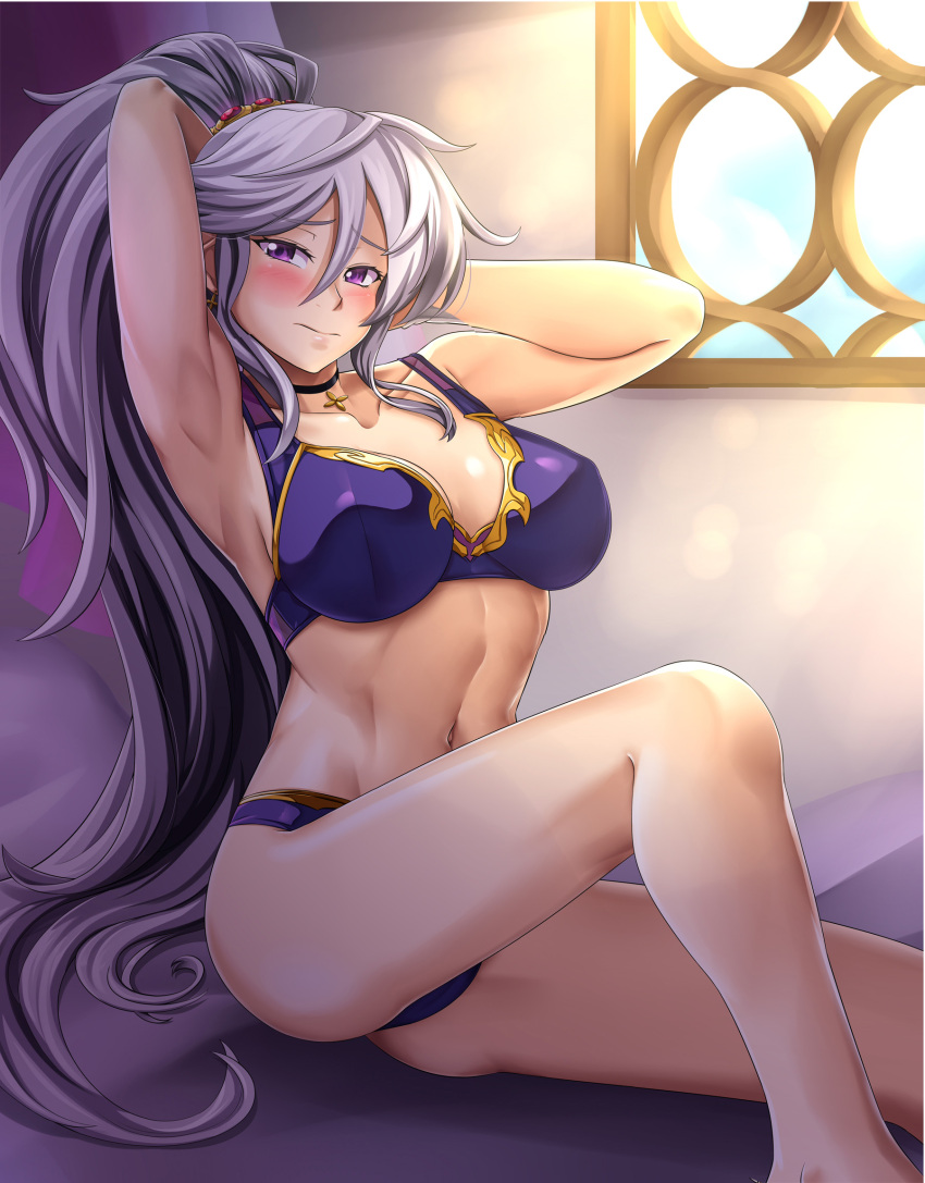 1girl abs adjusting_hair alluring artist_name athletic_female bare_legs blush bra choker cleavage collarbone day earrings female_abs female_focus fire_emblem fire_emblem:_genealogy_of_the_holy_war fit_female gloves gold_trim hair_between_eyes hand_in_own_hair high_res hocen indoors intelligent_systems ishtar_(fire_emblem) jewelry long_hair looking_at_viewer medium_breasts midriff navel nintendo panties patreon_username ponytail purple_bra purple_eyes purple_panties signature silver_hair sitting sunlight thighs underwear vilde_loh_hocen watermark web_address white_gloves white_thighhighs window