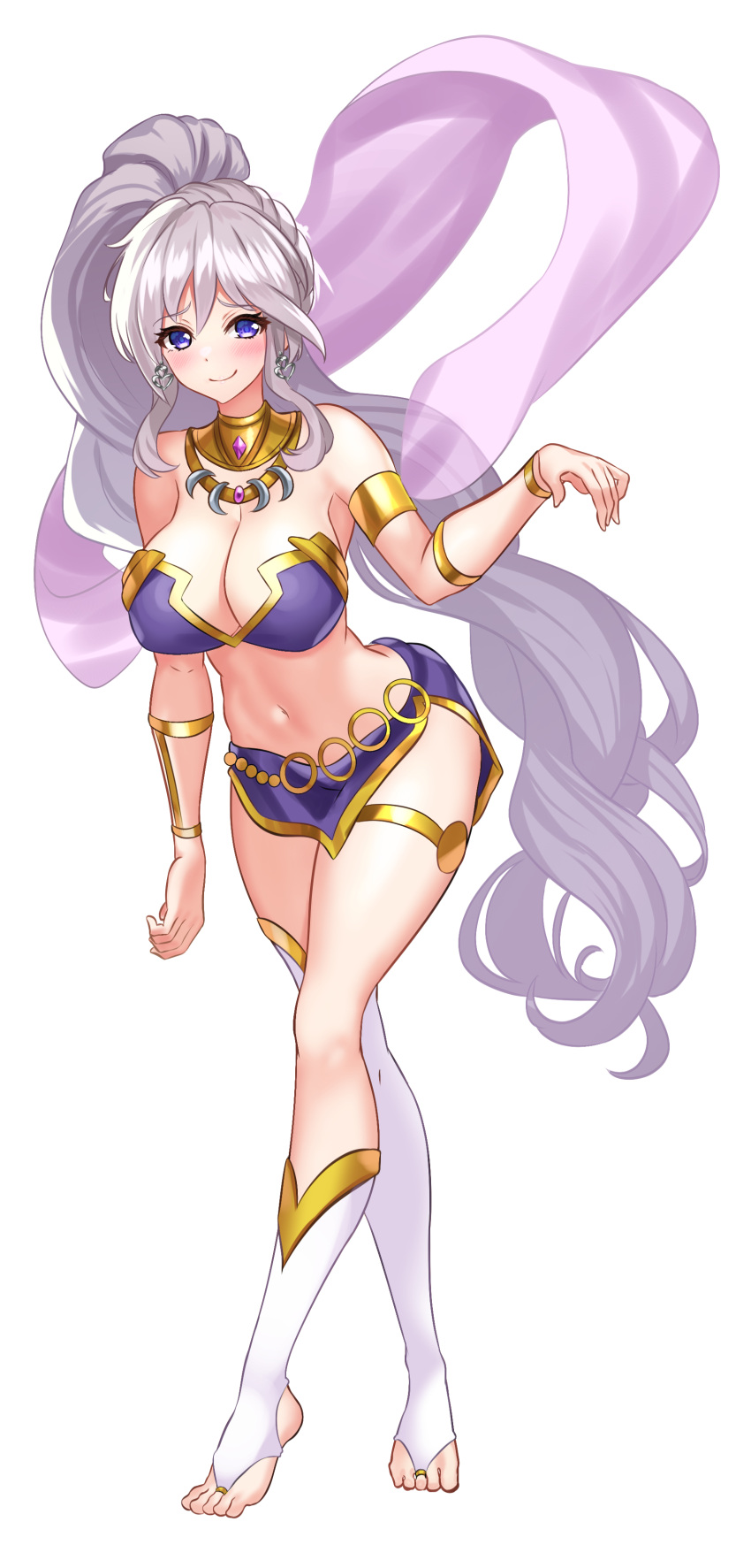 1girl 1girl absurd_res alluring alternate_costume armlet asymmetrical_legwear bare_legs barefoot big_breasts blue_eyes blush bracelet cleavage dancer earrings feet female_focus fire_emblem fire_emblem:_genealogy_of_the_holy_war fire_emblem_heroes full_body grey_hair harem_outfit high_res intelligent_systems ishtar_(fire_emblem) jewelry long_hair looking_at_viewer midriff navel necklace nez-box nintendo pelvic_curtain ponytail purple_hair slave smile standing stockings thighlet toeless_legwear toes veil very_long_hair white_background