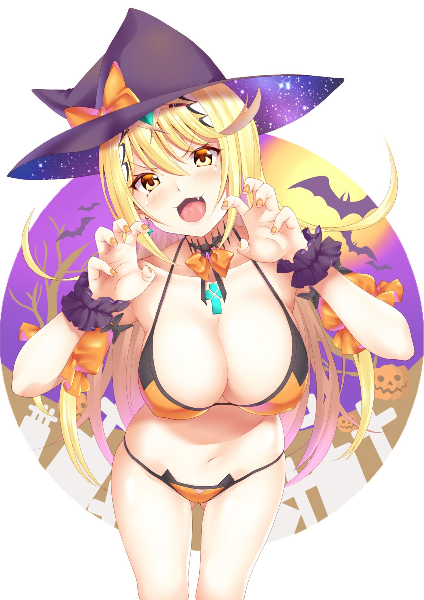 1girl :d alluring bat_(animal) big_breasts bikini blonde_hair breasts commentary_request cross daive earrings fang full_moon galaxy graveyard halloween halloween_costume hat high_res jack-o'-lantern jewelry moon mythra_(xenoblade) nail_polish neck_tie open_mouth puffy_short_sleeves puffy_sleeves pumpkin scrunchie short_sleeves smile swimsuit tombstone tree visible_ears witch_hat wrist_scrunchie xenoblade_(series) xenoblade_chronicles_2 yellow_eyes
